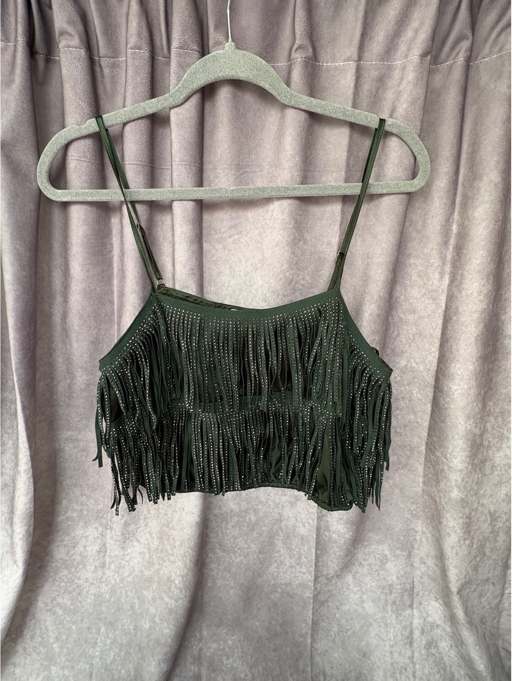 D4 Apparel Green Rhinestone Fringe Crop Top Size Small Western Festival Y2K